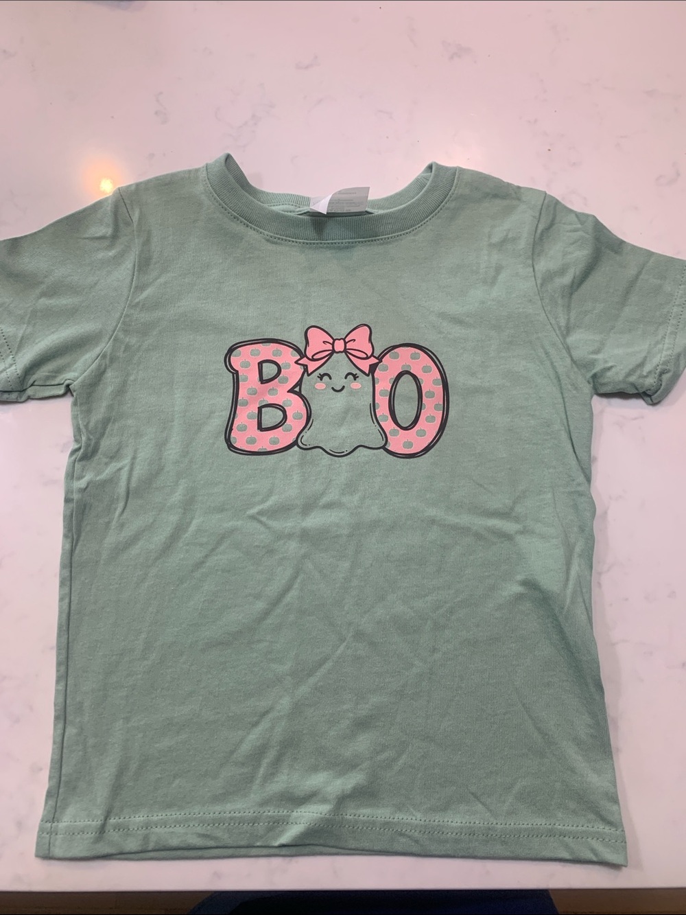 Rabbit Skins Mint Green Short Sleeve "BOO" Graphic Tee with Pink Accents
